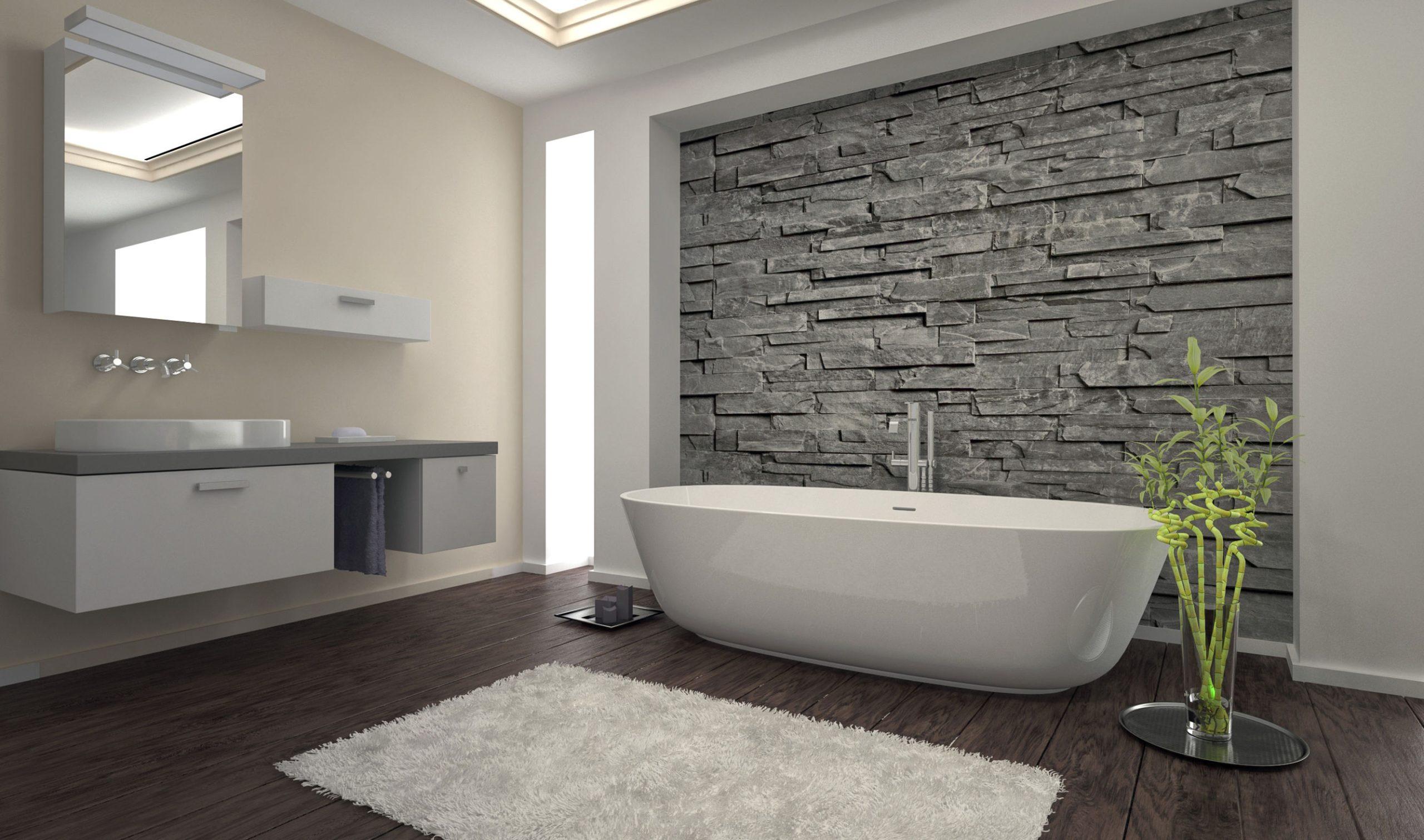 32227501 modern bathroom interior with stone wall